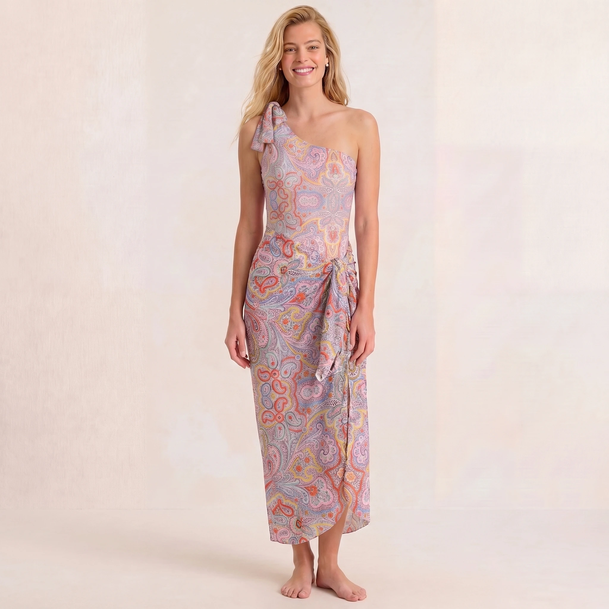 Sunrise Paisley One Shoulder One Piece Swimsuit and Matching Sarong Set for Women