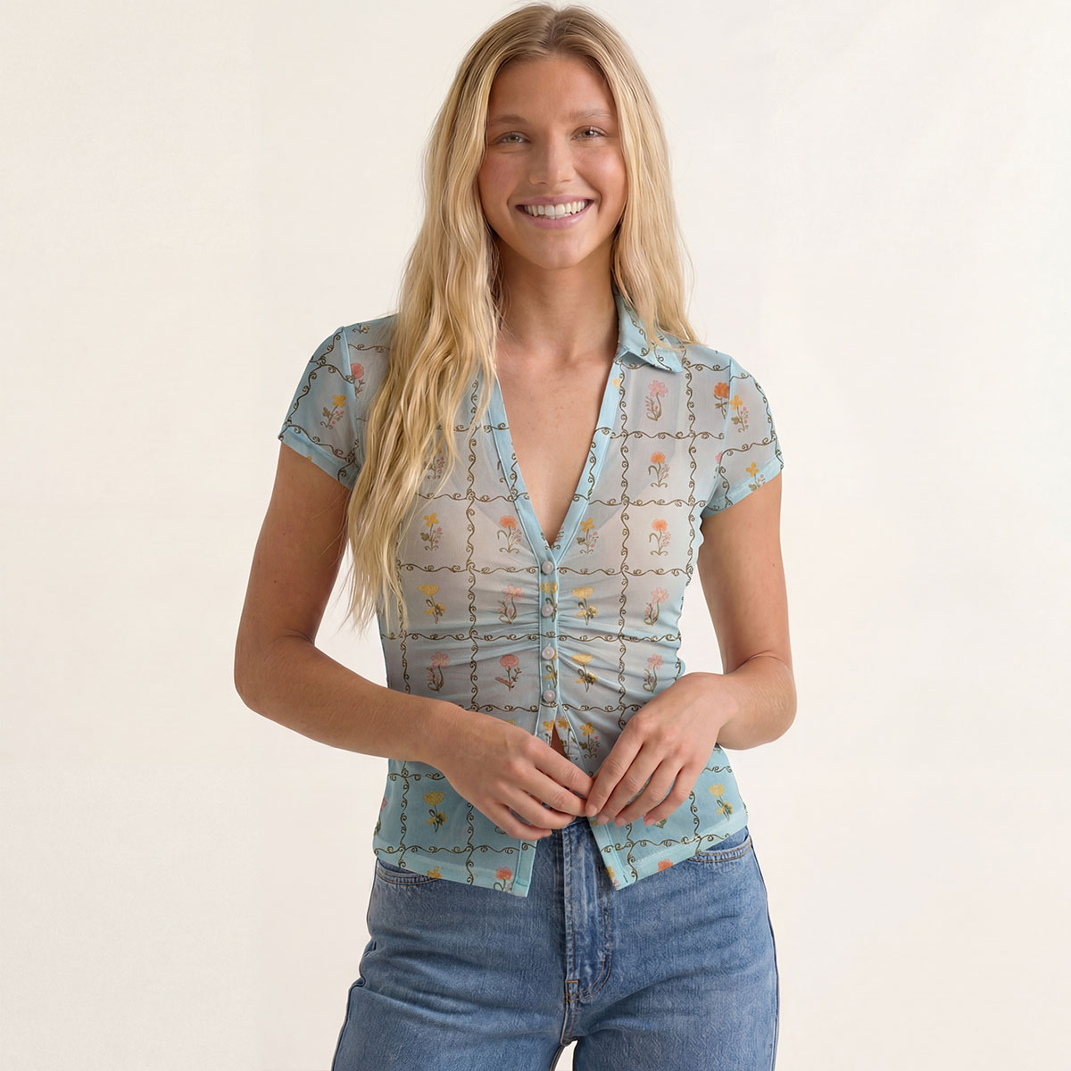 V-Neck Short Sleeve Sunny Garden Tiles Print Mesh Top